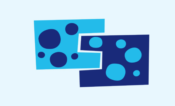 Illustration av den relationella aspekten av segregation: två olikfärgade och separerade former med kluster av cirklar i sig.